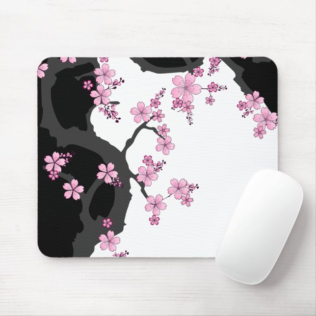 Alfombrilla De Ratón Kimono japonés Sakura negro y rosa blanco (Con ratón)