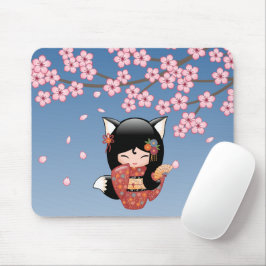 Alfombrilla De Ratón Kitsune Kokeshi Doll - Chica negro Fox Geisha