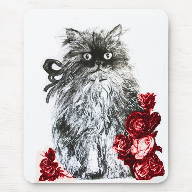 Alfombrilla De Ratón KITTEN CON ROSAS, rojo negro y blanco (Frente)