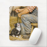 Alfombrilla De Ratón Kitten Drinking Cow Milk<br><div class="desc">Cute tuxedo kitten enjoys fresh milk while a farmer sits on a wooden stool milking a cow in the barn</div>