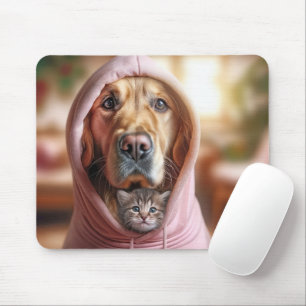Alfombrilla De Ratón Kitten y Golden Retriever in a Pink Hoodie