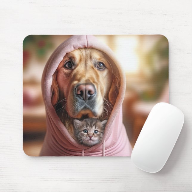 Alfombrilla De Ratón Kitten y Golden Retriever in a Pink Hoodie (Con ratón)