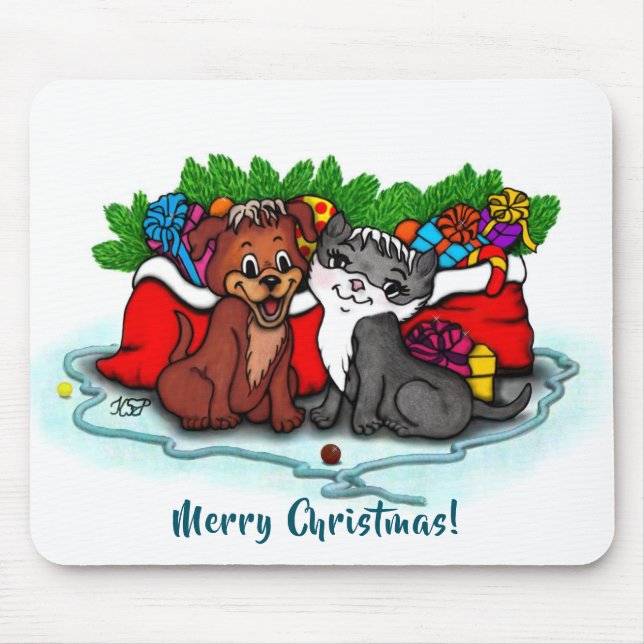 Alfombrilla De Ratón Kitty y cachorro , Feliz Navidad (Frente)