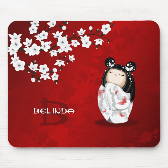 Alfombrilla De Ratón Kokeshi Doll Red Black White Cherry Blossoms (Frente)
