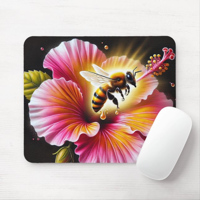 Alfombrilla De Ratón La abeja de miel poliniza un hibiscus floreciente (Con ratón)
