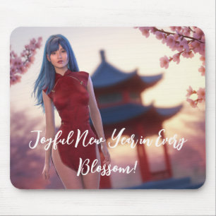 Alfombrilla De Ratón La joven belleza de Cheongsam posando para el Año
