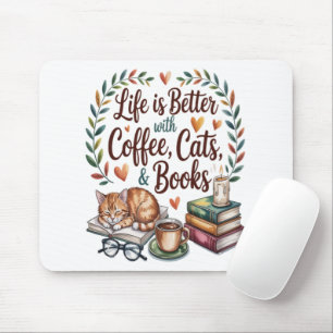 Alfombrilla De Ratón La vida es mejor con café gatos libros
