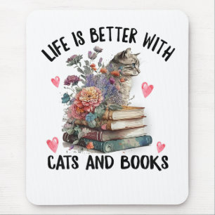 Alfombrilla De Ratón La vida es mejor con gatos y libros divertido gato