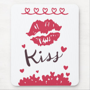 Alfombrilla De Ratón Labial Rojo Besos Con Corazones De Amor