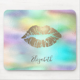 Alfombrilla De Ratón Labios Brillantes de Oro de Moda Arcoíris Holográf
