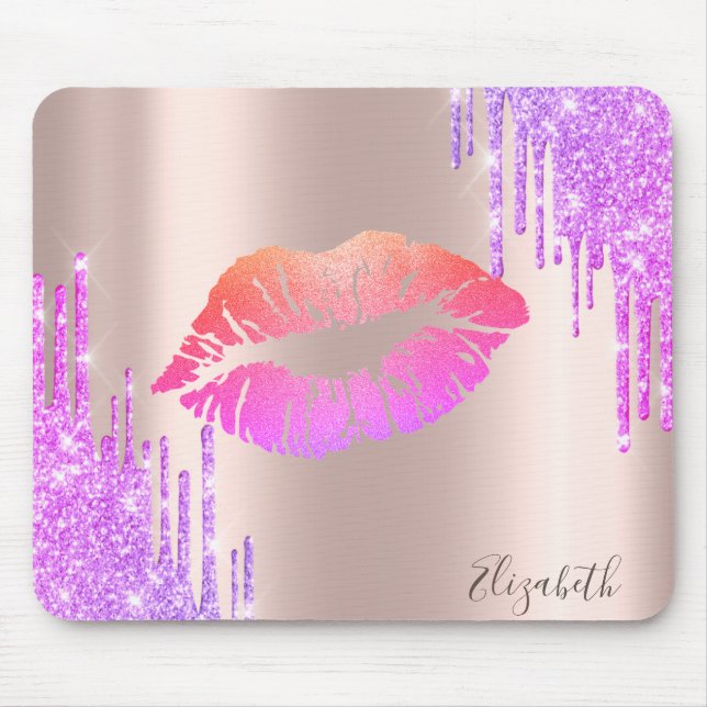 Alfombrilla De Ratón Labios Brillo de Moda Rosa Goteo de Brillo (Frente)