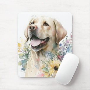 Alfombrilla De Ratón Labrador Retriever dorado y flores a la acuarela