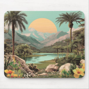 Alfombrilla De Ratón Lago Tropical Surrealista Con Palmeras