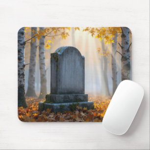 Alfombrilla De Ratón Lápida en un cementerio de otoño brumoso
