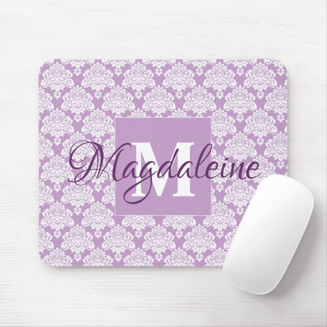 Alfombrilla De Ratón Lavender Damask Mouse Pad con monograma y nombre (Con ratón)