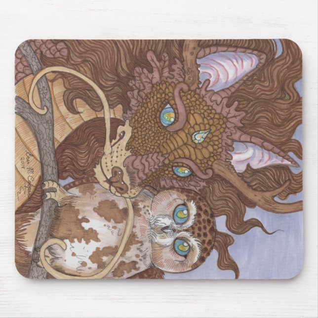 Alfombrilla De Ratón Lechuza y dragón oculares brillantes (Frente)