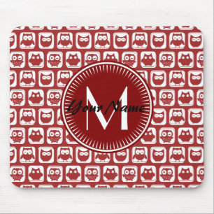 Alfombrilla De Ratón Lechuzas rojas monogramadas, nombre personalizado