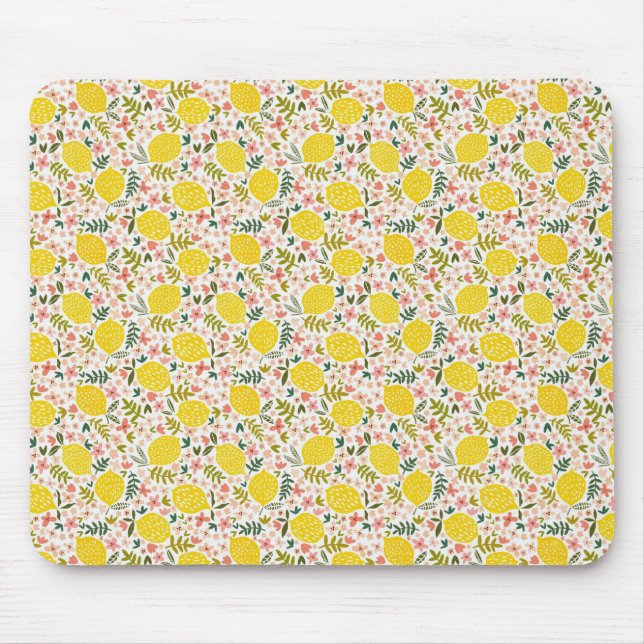 Alfombrilla De Ratón Lemones Amarillos Modernos con Floral Rosa (Frente)