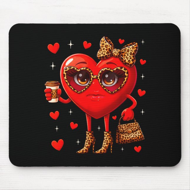 Alfombrilla De Ratón Leopard Heart Drinking Coffee Valentines Day Women (Frente)