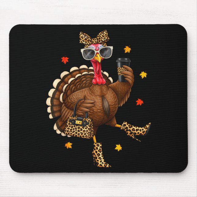 Alfombrilla De Ratón Leopard Turkey Drinking Coffee Thanksgiving Women  (Frente)