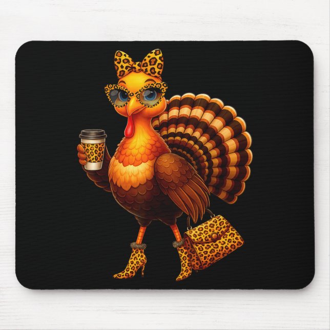 Alfombrilla De Ratón Leopard Turkey Drinking Coffee Thanksgiving Women  (Frente)