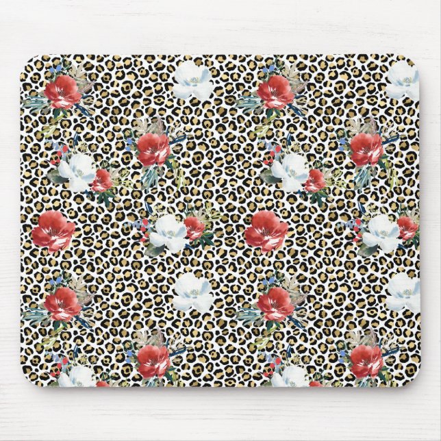 Alfombrilla De Ratón Leopardo dorado Imprimir Floral Blanco Rojo (Frente)