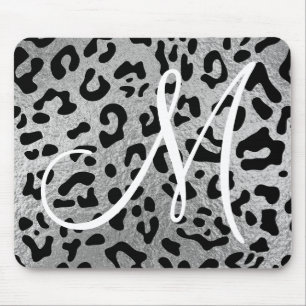 Alfombrilla De Ratón Leopardo Negro y Monograma de Hoja de Plata Falsa