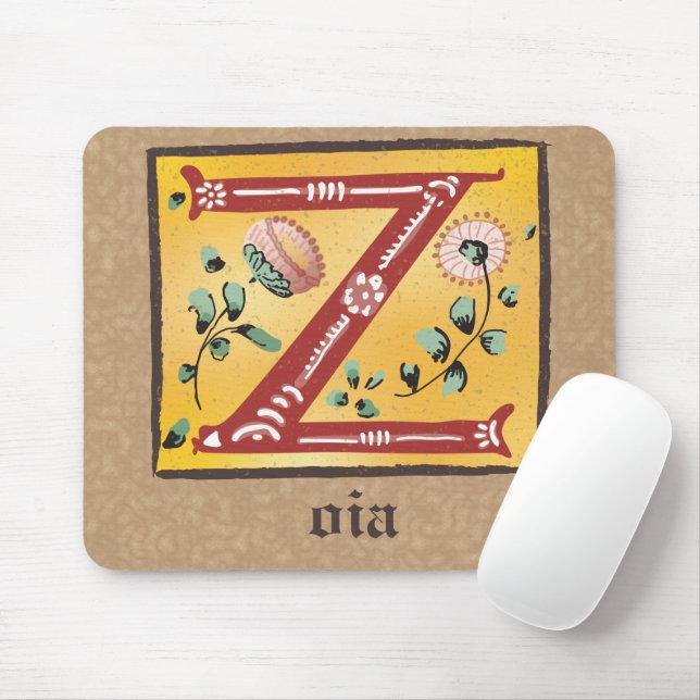 Alfombrilla De Ratón Letra floral medieval iluminada monograma Z (Con ratón)