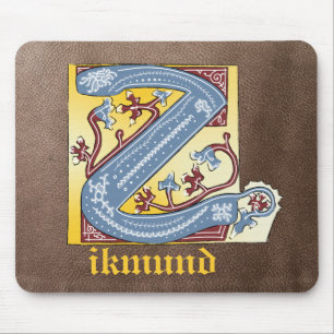 Alfombrilla De Ratón Letra medieval azul y marfil rojo con iluminación 