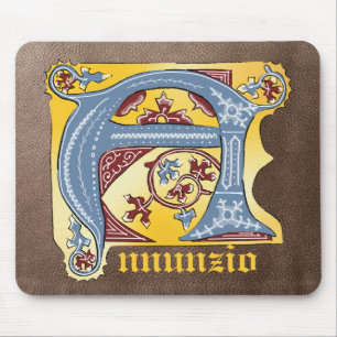 Alfombrilla De Ratón Letra medieval azul y marfil rojo iluminada A