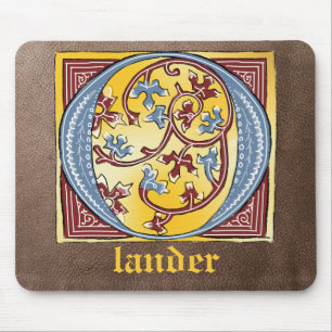 Alfombrilla De Ratón Letra medieval azul y marfil rojo iluminada O