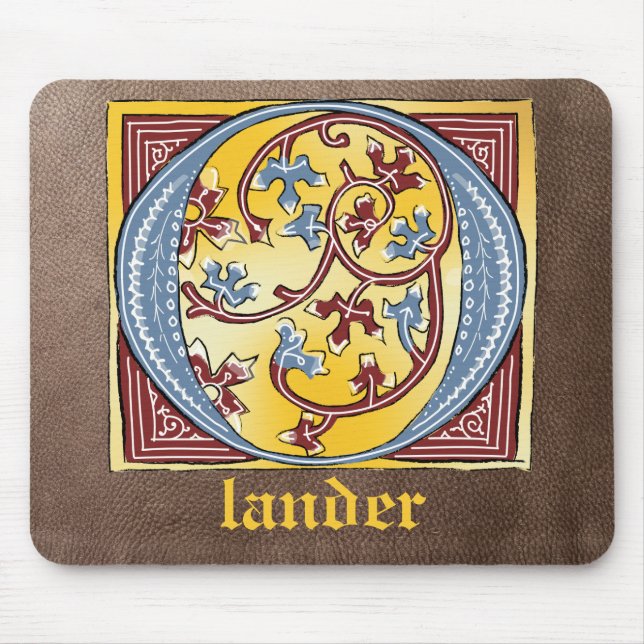 Alfombrilla De Ratón Letra medieval azul y marfil rojo iluminada O (Frente)