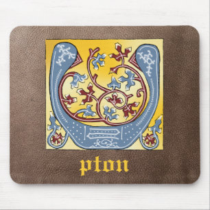 Alfombrilla De Ratón Letra medieval azul y marfil rojo iluminada U