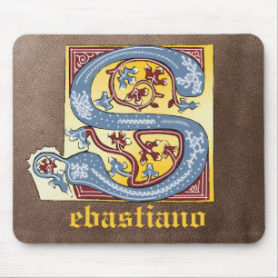 Alfombrilla De Ratón Letra medieval azul y roja marfil con iluminación 