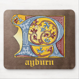 Alfombrilla De Ratón Letra medieval azul y roja marfil iluminada R