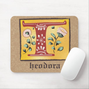 Alfombrilla De Ratón Letra medieval floral iluminada monograma T