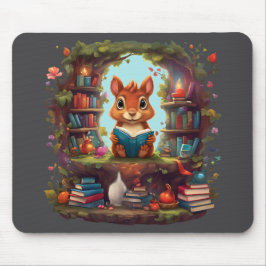 Alfombrilla De Ratón Leyendo ardilla En Una Librería Vintage