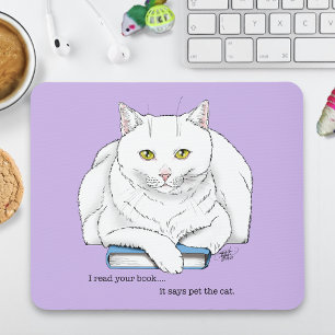 Alfombrilla De Ratón Libro divertido de gato blanco leyendo humor púrpu