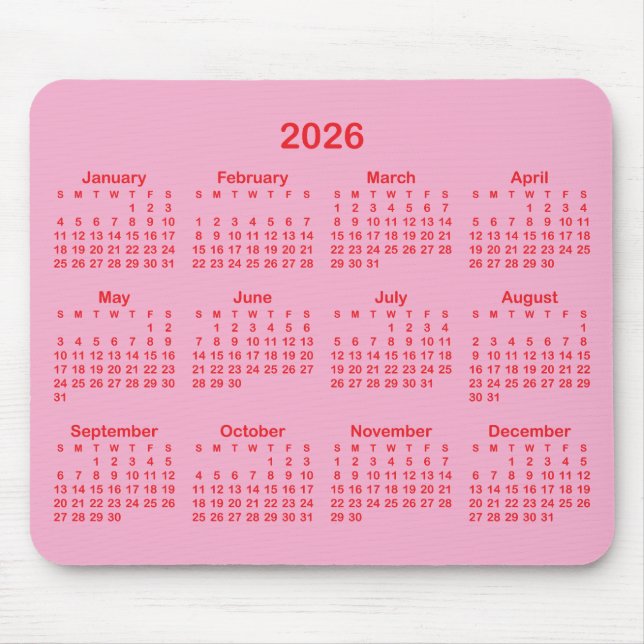 Alfombrilla De Ratón Light Pink and Red 2026 Calendar (Frente)