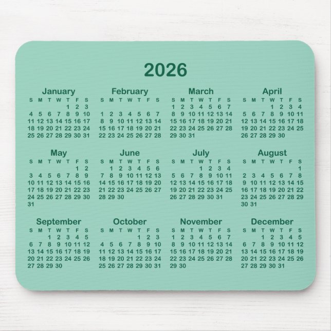 Alfombrilla De Ratón Light Teal and Hunter Green 2026 Calendar (Frente)