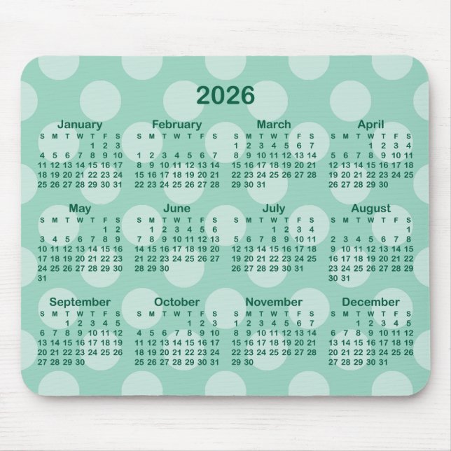 Alfombrilla De Ratón Light Teal Polka Dot Hunter Green 2026 Calendar (Frente)