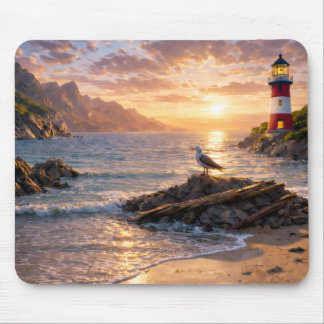 Alfombrilla De Ratón Lighthouse Sunset Seagull Beach Mouse Pad