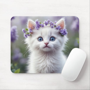 Alfombrilla De Ratón Lilac Laurel Sobre El Gatito Blanco