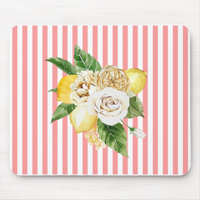 Alfombrilla De Ratón Limón y rosas a rayas de coral (Frente)