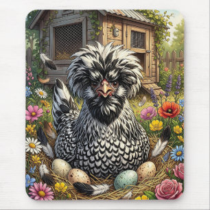 Alfombrilla De Ratón Linda gallina polaca negra y blanca