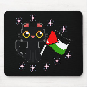 Alfombrilla De Ratón lindo gato negro sostiene bandera palestina