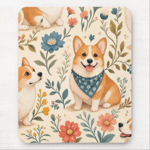 Alfombrilla De Ratón Lindo patrón de jardín floral de Corgi