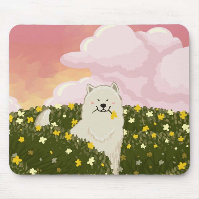 Alfombrilla De Ratón Lindo perro Samoyed en campo de flores amarillas ( (Frente)