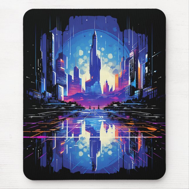 Alfombrilla De Ratón Línea aérea futurista de Cyberpunk City (Frente)