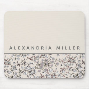 Alfombrilla De Ratón Linen beige floral  Nombre personalizado